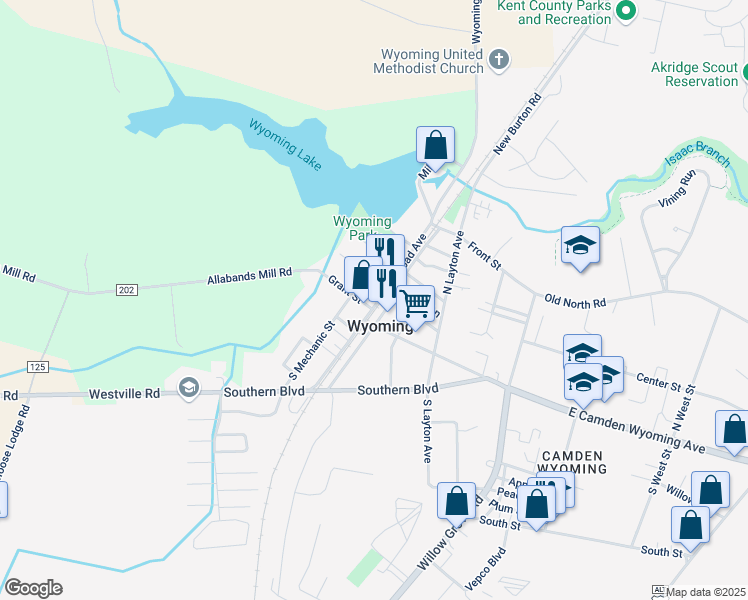 map of restaurants, bars, coffee shops, grocery stores, and more near 6 North Railroad Avenue in Wyoming