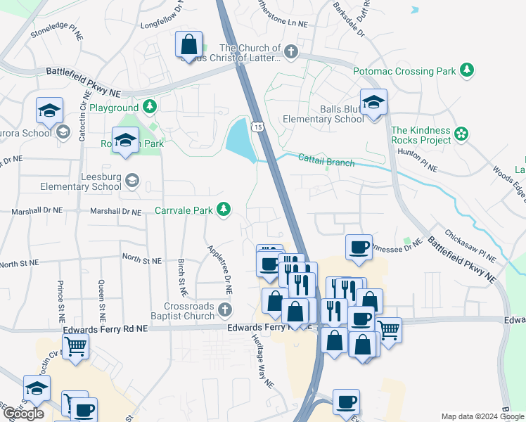 map of restaurants, bars, coffee shops, grocery stores, and more near 1003 Foxhunt Terrace Northeast in Leesburg