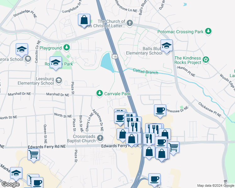 map of restaurants, bars, coffee shops, grocery stores, and more near 1001 Foxhunt Terrace Northeast in Leesburg