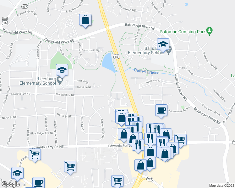 map of restaurants, bars, coffee shops, grocery stores, and more near 1108 Huntmaster Terrace Northeast in Leesburg
