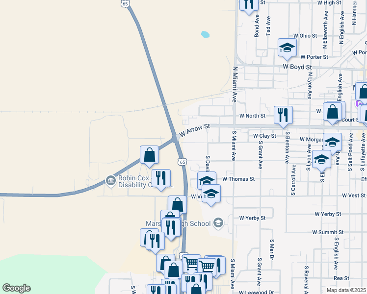 map of restaurants, bars, coffee shops, grocery stores, and more near Lexington Ave in Marshall
