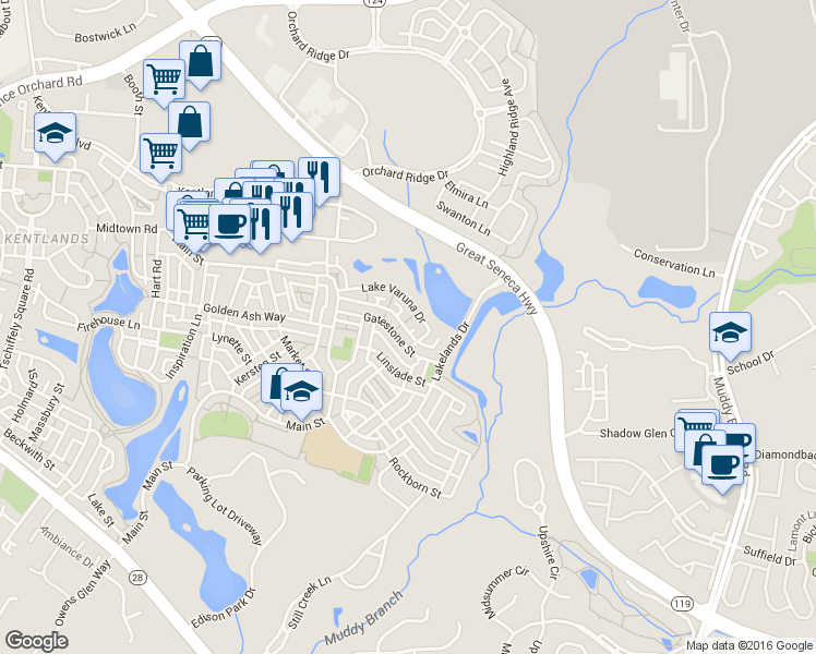 map of restaurants, bars, coffee shops, grocery stores, and more near 746 Lake Varuna Mews in Gaithersburg