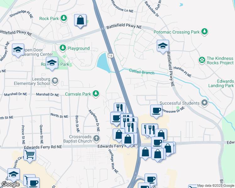 map of restaurants, bars, coffee shops, grocery stores, and more near 1129 Huntmaster Terrace Northeast in Leesburg