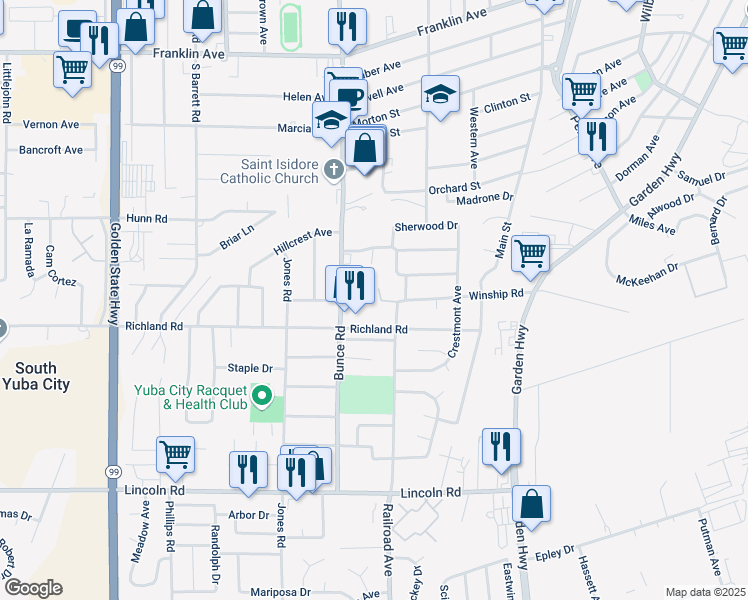 map of restaurants, bars, coffee shops, grocery stores, and more near 800 Teal Court in Yuba City