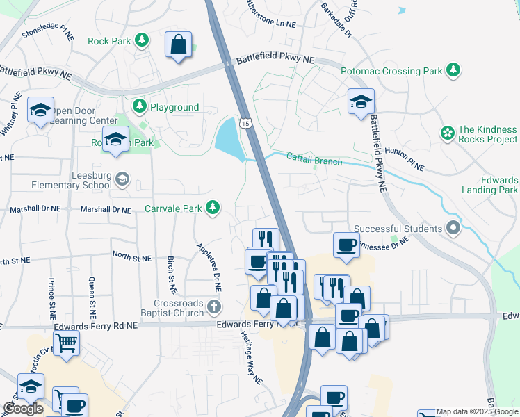 map of restaurants, bars, coffee shops, grocery stores, and more near 1129 Huntmaster Terrace Northeast in Leesburg