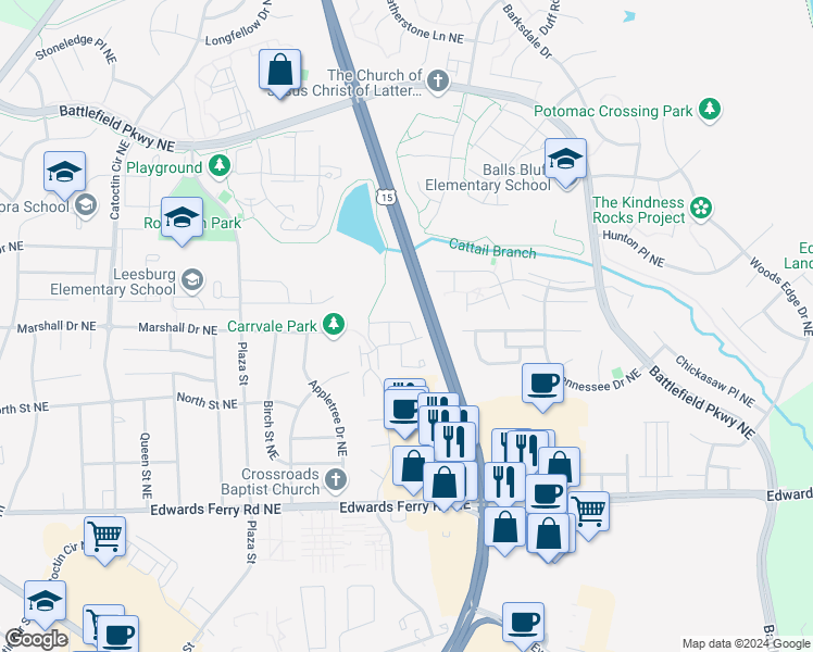 map of restaurants, bars, coffee shops, grocery stores, and more near 1131 Huntmaster Terrace Northeast in Leesburg
