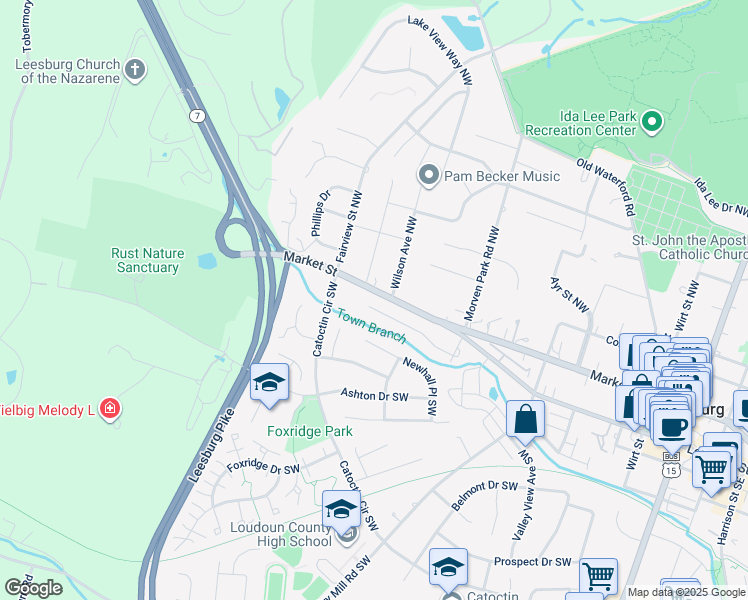 map of restaurants, bars, coffee shops, grocery stores, and more near 422 Mosby Drive Southwest in Leesburg