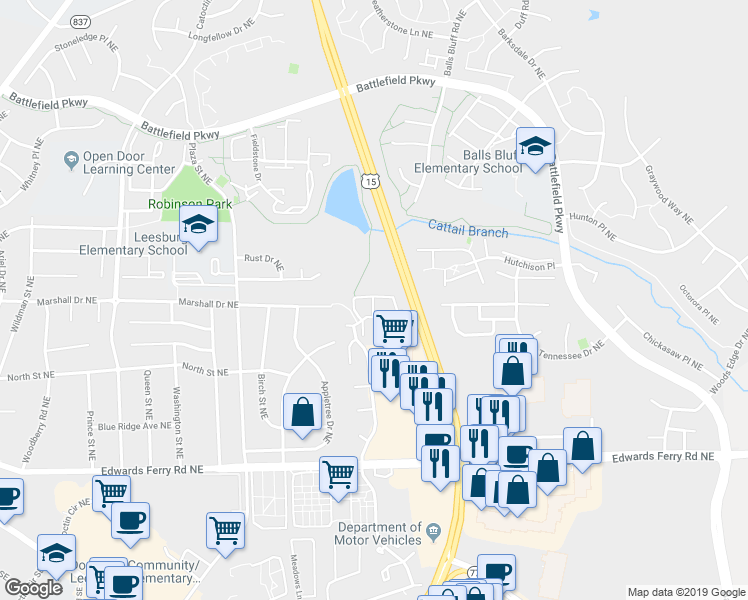 map of restaurants, bars, coffee shops, grocery stores, and more near 1106 Huntmaster Terrace Northeast in Leesburg