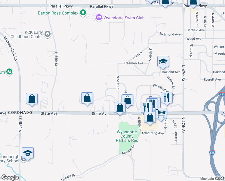 map of restaurants, bars, coffee shops, grocery stores, and more near 5115 Washington Avenue in Kansas City
