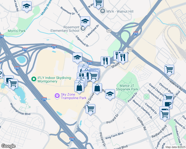 map of restaurants, bars, coffee shops, grocery stores, and more near 8919 Shady Grove Court in Gaithersburg