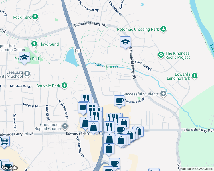map of restaurants, bars, coffee shops, grocery stores, and more near 1136 Keokuk Terrace in Leesburg