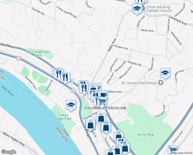 map of restaurants, bars, coffee shops, grocery stores, and more near in Cincinnati