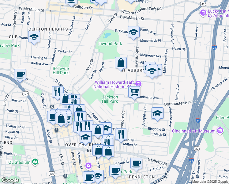 map of restaurants, bars, coffee shops, grocery stores, and more near 2008 Eleanor Place in Cincinnati