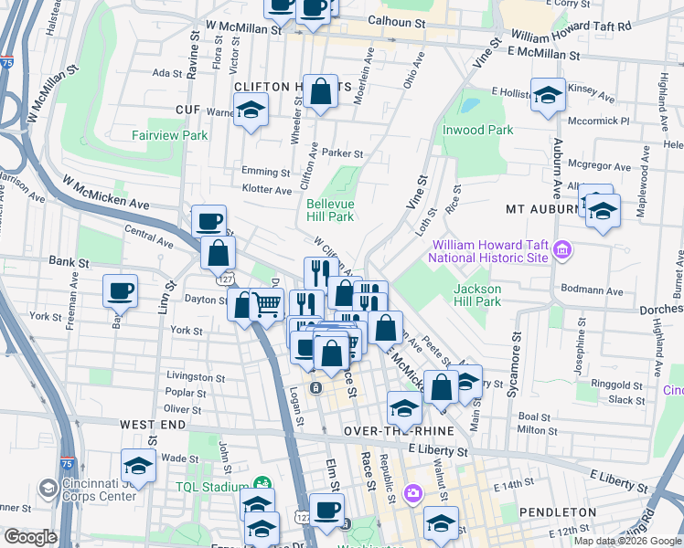 map of restaurants, bars, coffee shops, grocery stores, and more near in Cincinnati