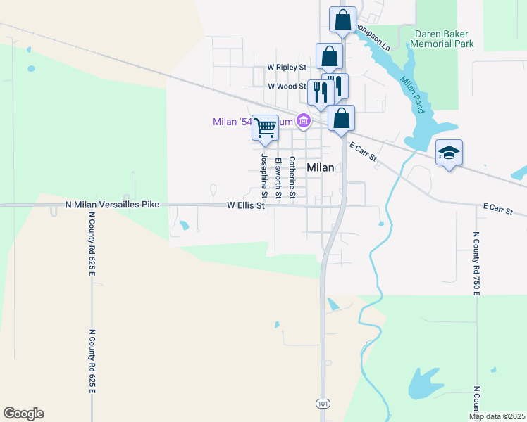 map of restaurants, bars, coffee shops, grocery stores, and more near 513 West Ellis Street in Milan