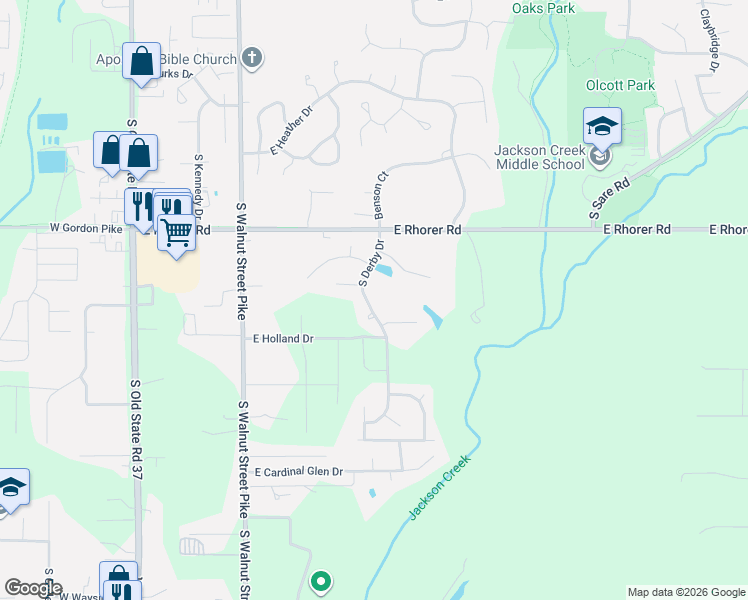 map of restaurants, bars, coffee shops, grocery stores, and more near S Derby Dr in Bloomington