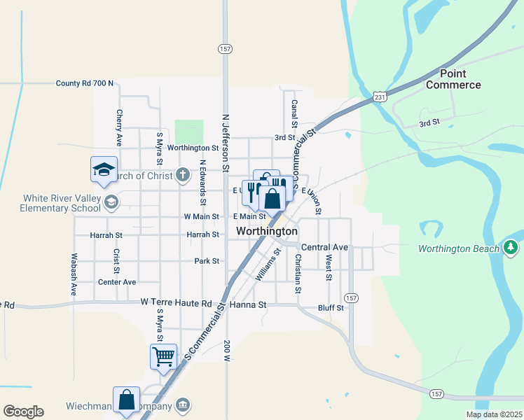 map of restaurants, bars, coffee shops, grocery stores, and more near 105 E Main St in Worthington