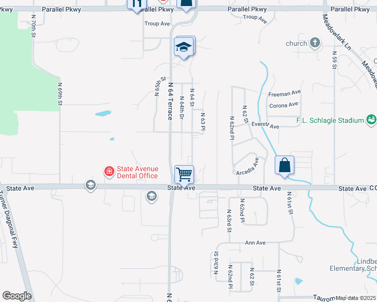 map of restaurants, bars, coffee shops, grocery stores, and more near 1217 North 64th Street in Kansas City