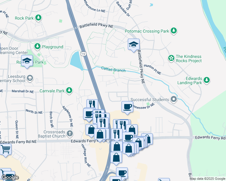 map of restaurants, bars, coffee shops, grocery stores, and more near 1138 Keokuk Terrace Northeast in Leesburg