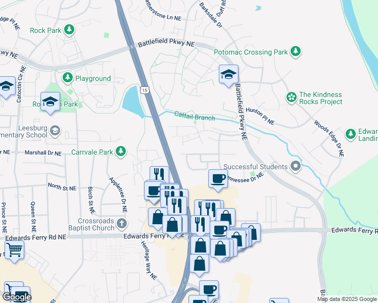 map of restaurants, bars, coffee shops, grocery stores, and more near 1148 Keokuk Terrace Northeast in Leesburg