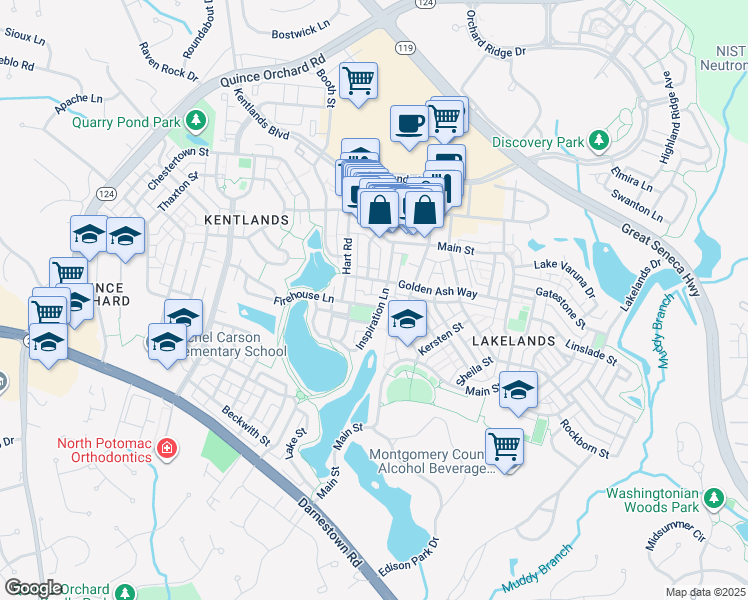 map of restaurants, bars, coffee shops, grocery stores, and more near 211 Firehouse Ln in Gaithersburg
