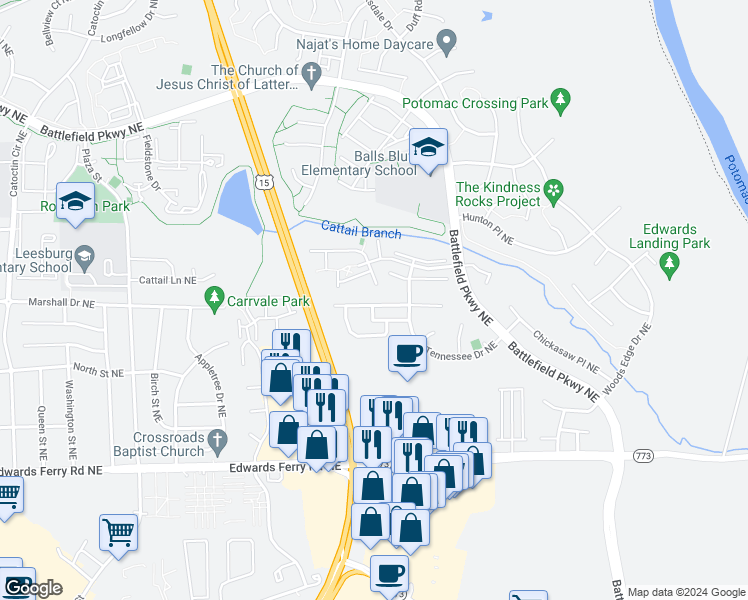 map of restaurants, bars, coffee shops, grocery stores, and more near 1126 Keokuk Terrace Northeast in Leesburg