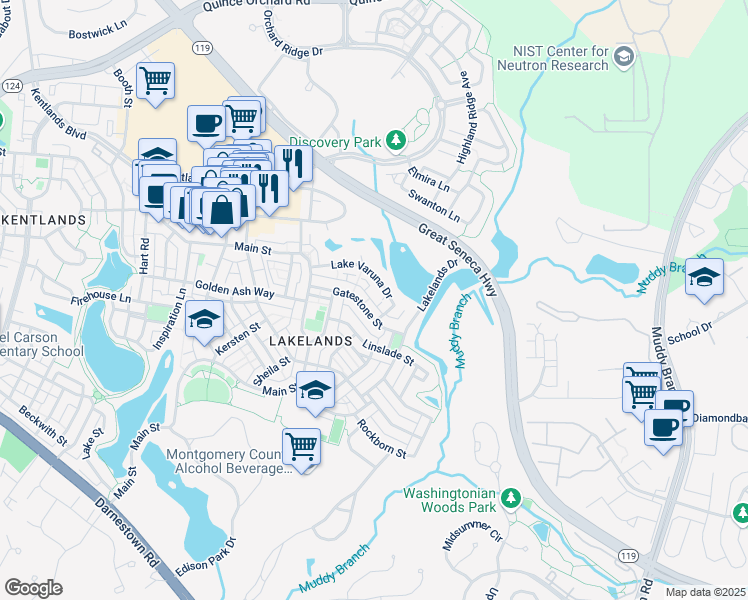 map of restaurants, bars, coffee shops, grocery stores, and more near 746 Lake Varuna Mews in Gaithersburg