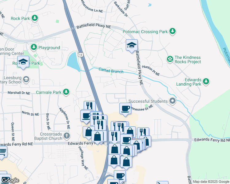 map of restaurants, bars, coffee shops, grocery stores, and more near 1126 Keokuk Terrace Northeast in Leesburg