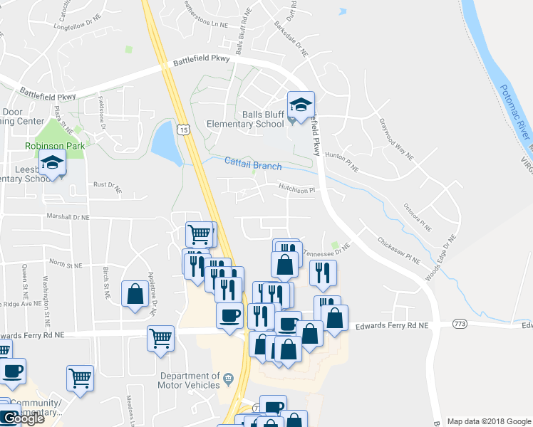 map of restaurants, bars, coffee shops, grocery stores, and more near 1122 Keokuk Terrace in Leesburg