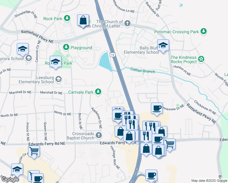 map of restaurants, bars, coffee shops, grocery stores, and more near 1104 Huntmaster Terrace Northeast in Leesburg