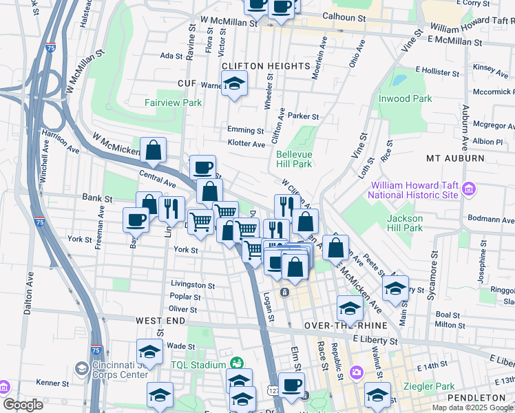 map of restaurants, bars, coffee shops, grocery stores, and more near 211 West McMicken Avenue in Cincinnati