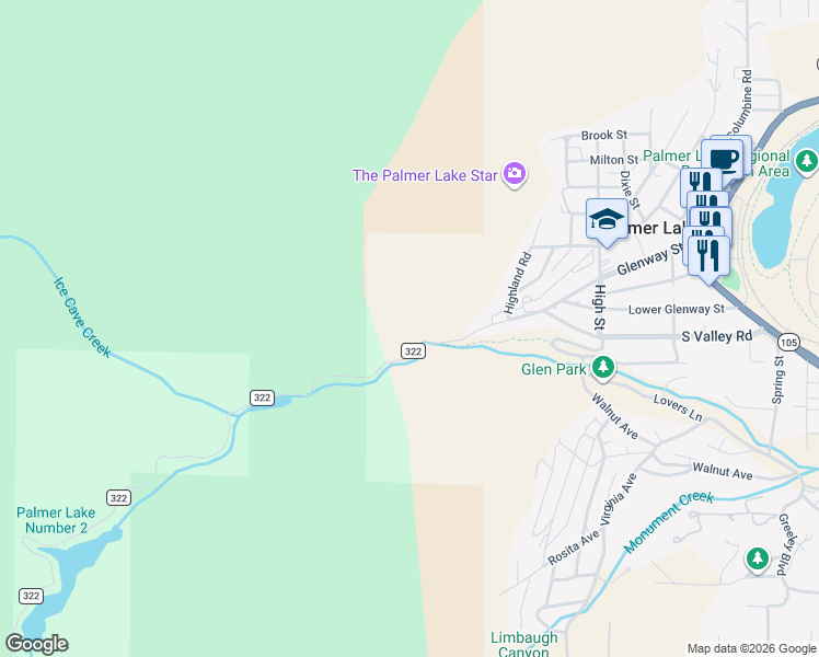 map of restaurants, bars, coffee shops, grocery stores, and more near 537 Glen Street in Palmer Lake