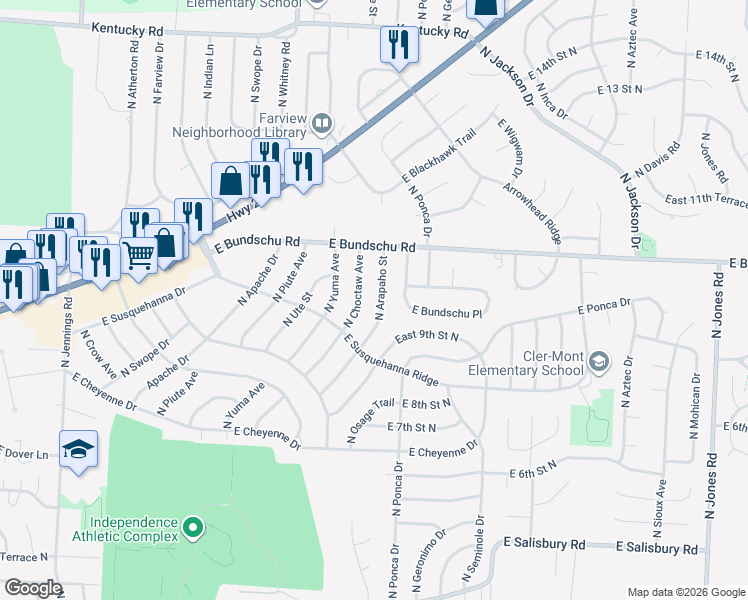 map of restaurants, bars, coffee shops, grocery stores, and more near 831 North Arapaho Street in Independence