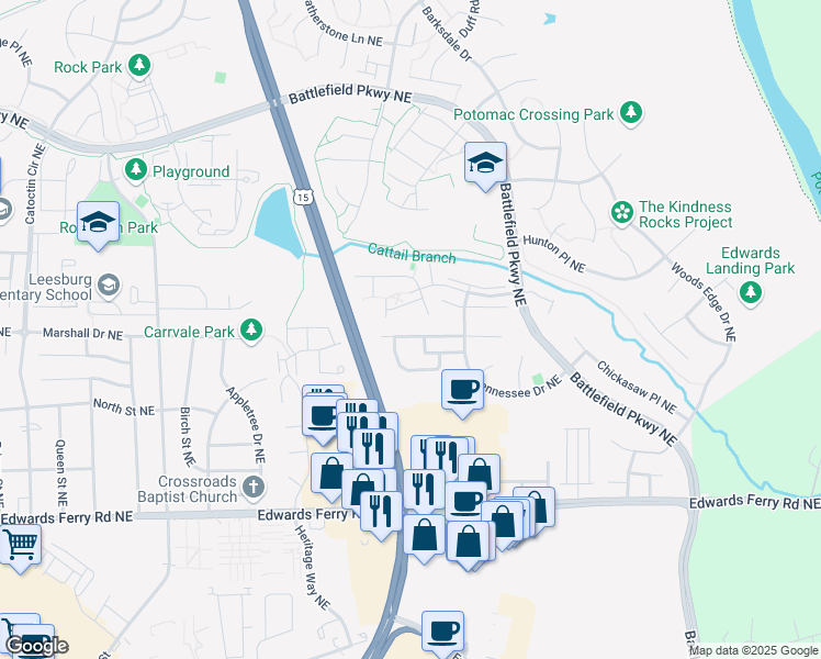 map of restaurants, bars, coffee shops, grocery stores, and more near 1138 Keokuk Terrace Northeast in Leesburg