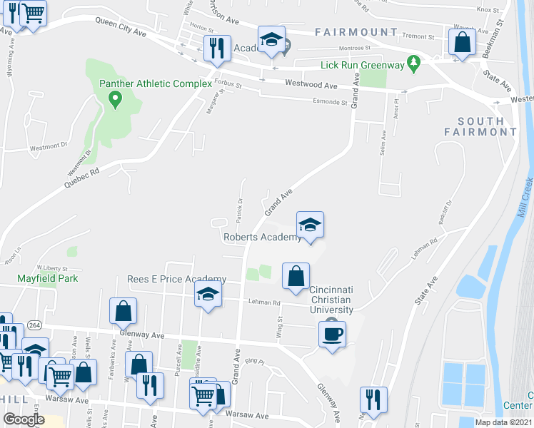 map of restaurants, bars, coffee shops, grocery stores, and more near 1859 Grand Avenue in Cincinnati