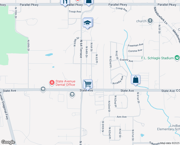 map of restaurants, bars, coffee shops, grocery stores, and more near 1217 North 64th Street in Kansas City