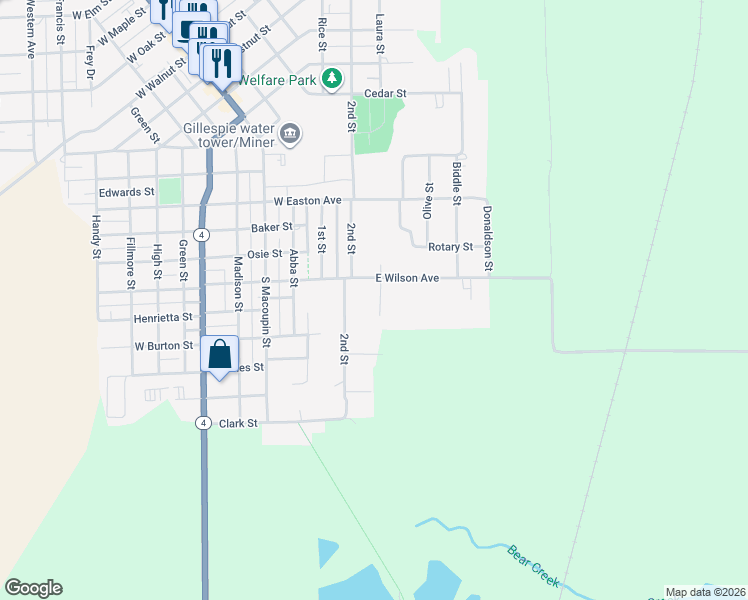map of restaurants, bars, coffee shops, grocery stores, and more near 1101 3rd Street in Gillespie