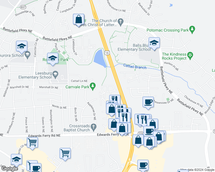 map of restaurants, bars, coffee shops, grocery stores, and more near 1163 Huntmaster Terrace Northeast in Leesburg