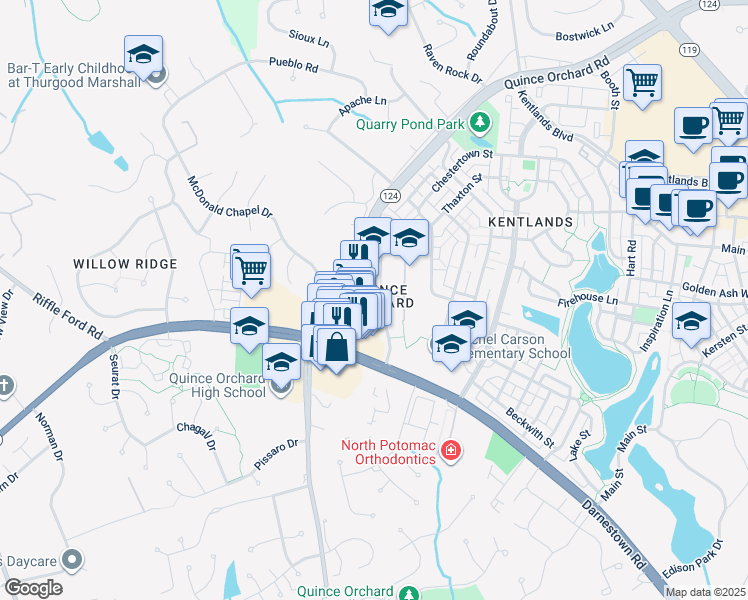 map of restaurants, bars, coffee shops, grocery stores, and more near 56 Orchard Drive in Gaithersburg