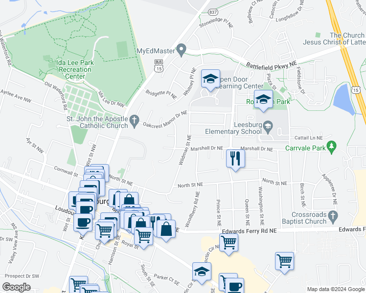 map of restaurants, bars, coffee shops, grocery stores, and more near 301 Wildman Street Northeast in Leesburg