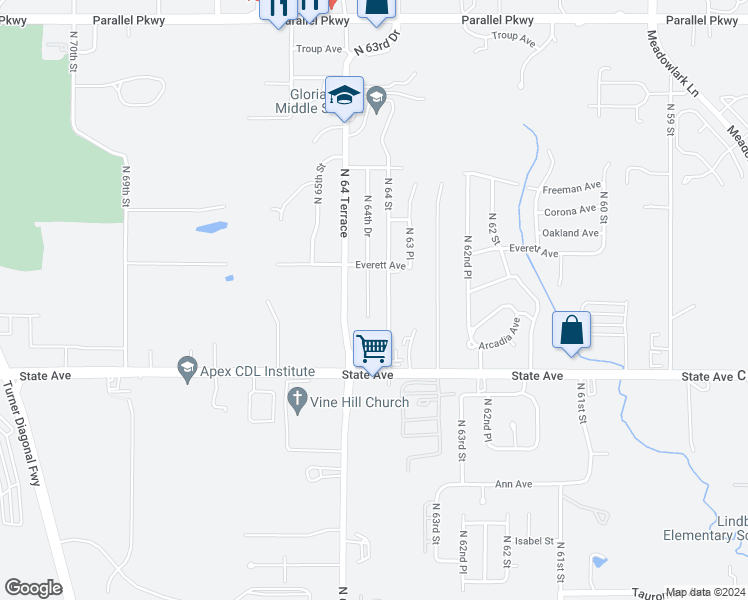 map of restaurants, bars, coffee shops, grocery stores, and more near 1303 North 64th Drive in Kansas City