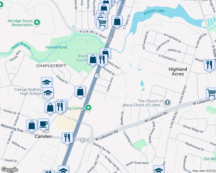 map of restaurants, bars, coffee shops, grocery stores, and more near 97 Shamrock Avenue in Dover
