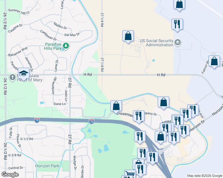 map of restaurants, bars, coffee shops, grocery stores, and more near 2736 Crossroads Boulevard in Grand Junction