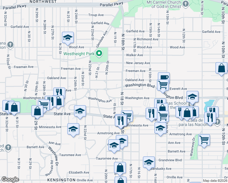 map of restaurants, bars, coffee shops, grocery stores, and more near 1219 North 19 Street in Kansas City