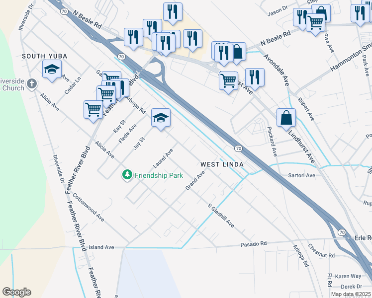 map of restaurants, bars, coffee shops, grocery stores, and more near 5663 North Gledhill Avenue in Olivehurst