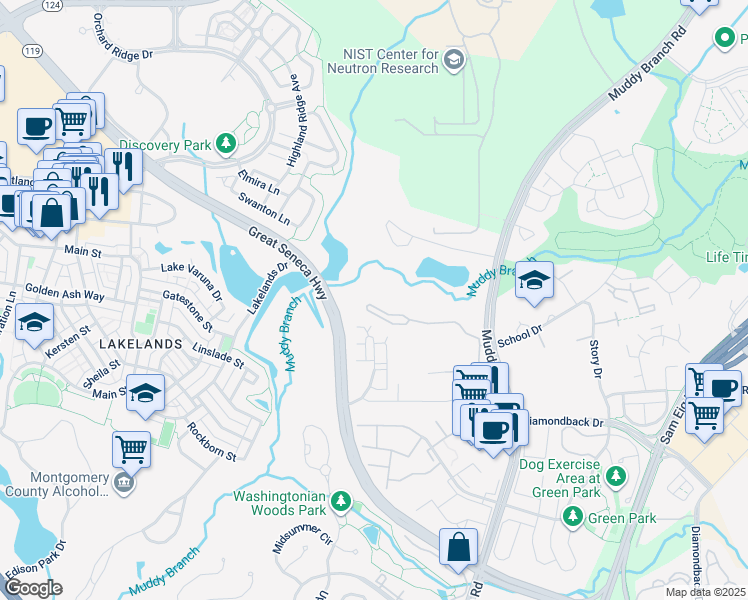 map of restaurants, bars, coffee shops, grocery stores, and more near 137 Timberbrook Lane in Gaithersburg