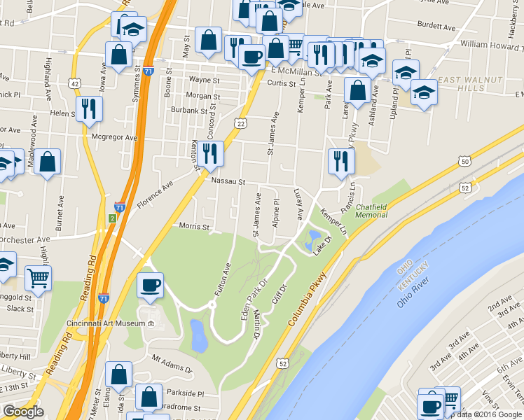 map of restaurants, bars, coffee shops, grocery stores, and more near 2112 Saint James Avenue in Cincinnati