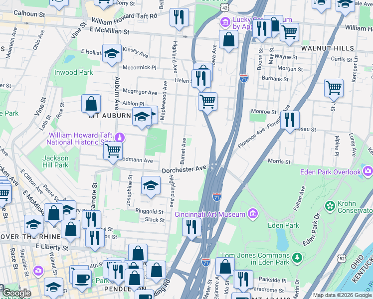map of restaurants, bars, coffee shops, grocery stores, and more near 2014 Burnet Avenue in Cincinnati