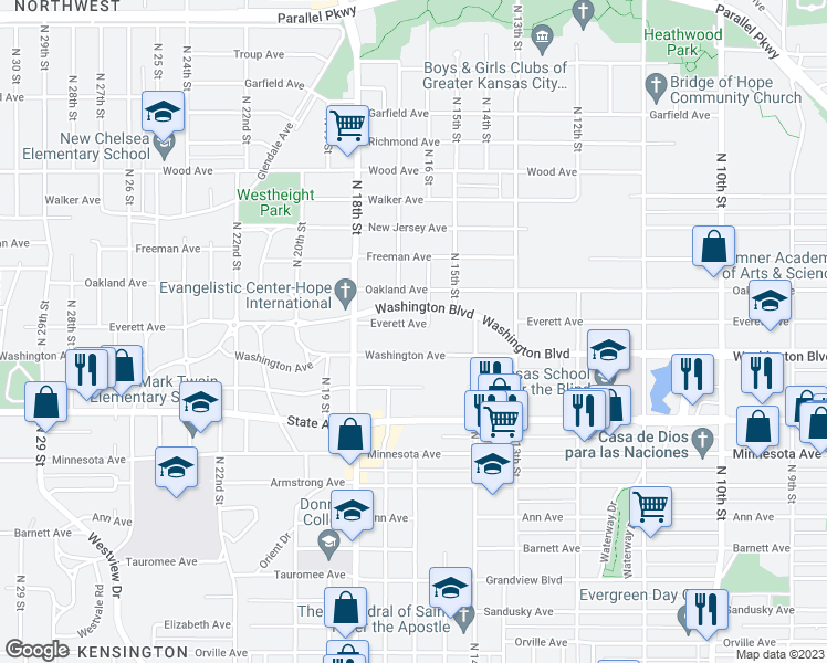map of restaurants, bars, coffee shops, grocery stores, and more near 1612 Washington Avenue in Kansas City