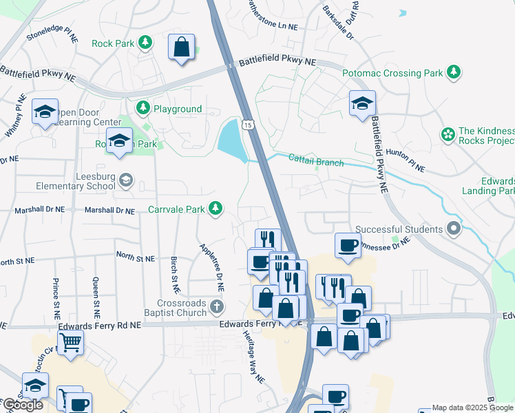map of restaurants, bars, coffee shops, grocery stores, and more near 1109 Huntmaster Terrace Northeast in Leesburg
